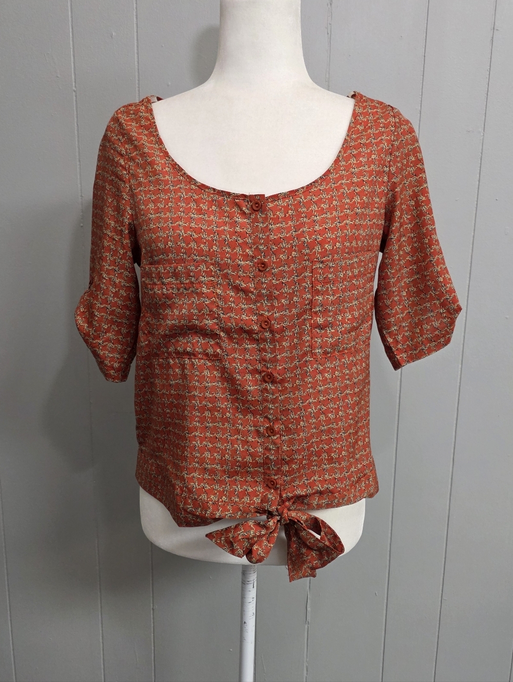 Timing Rustic Orange Design Tie Front Top Size S
